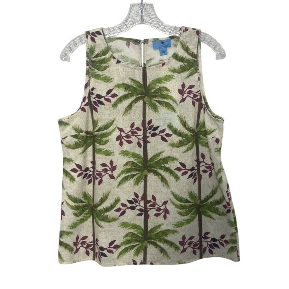 CeCe Sleeveless Linen Blend‎ Tank Top Shirt Palm Tree Small Meadow Green New